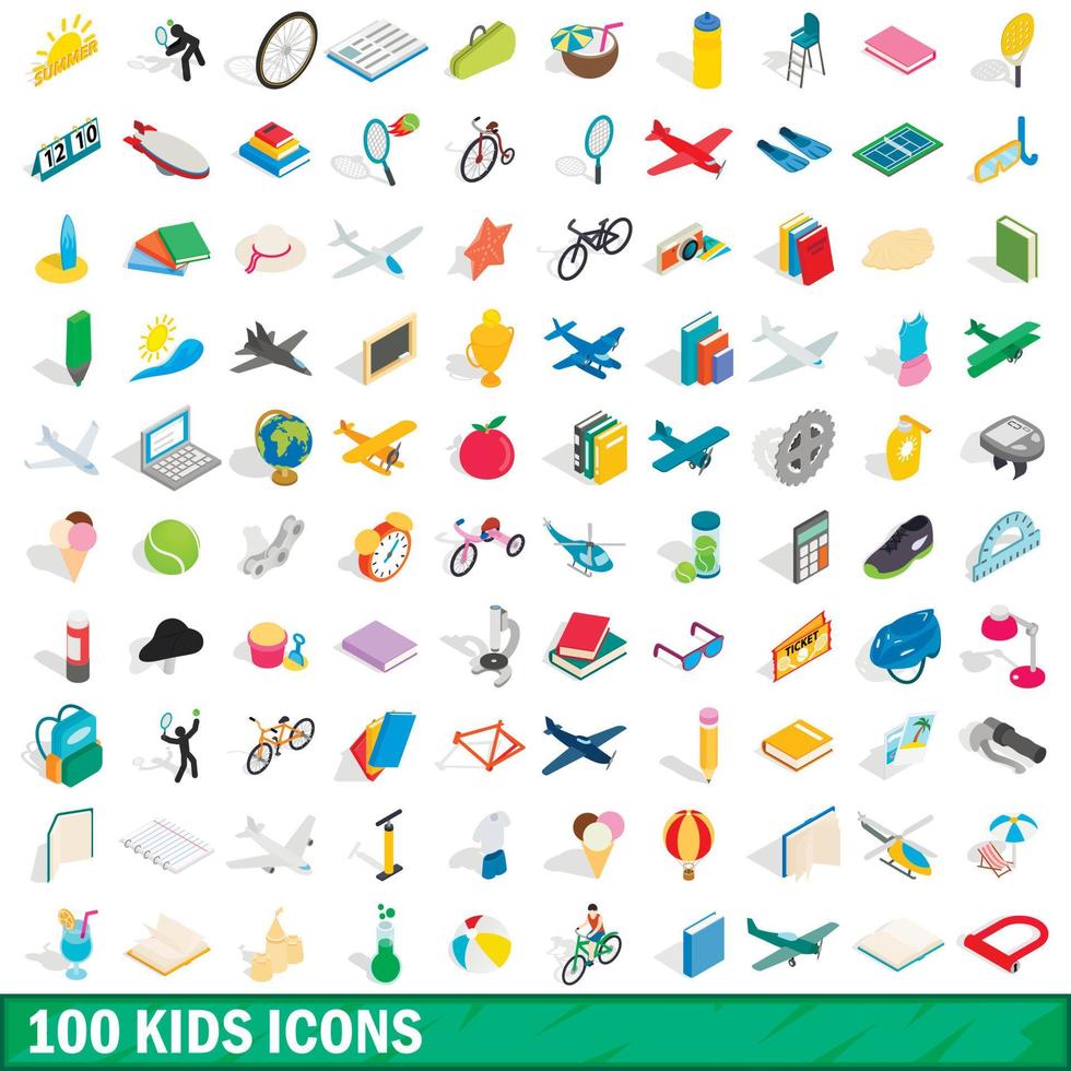100 kinderen iconen set, isometrische 3D-stijl vector