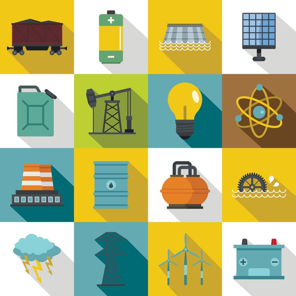 energiebronnen items iconen set, vlakke stijl vector