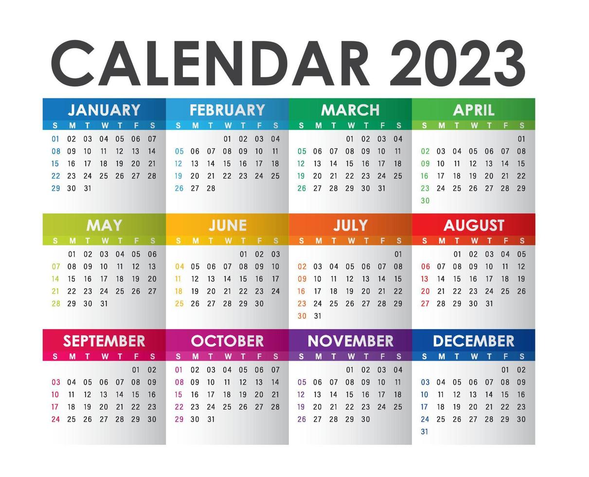 kleurrijke kalenderjaar 2023 vector ontwerpsjabloon, eenvoudig en schoon ontwerp. kalender voor 2023 op witte achtergrond voor organisatie en bedrijf. week begint zondag. eenvoudige vectorsjabloon. eps10.