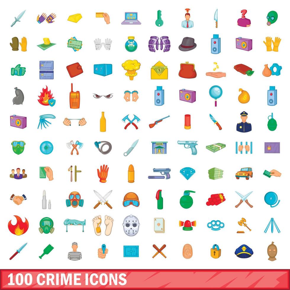 100 misdaad iconen set, cartoon stijl vector