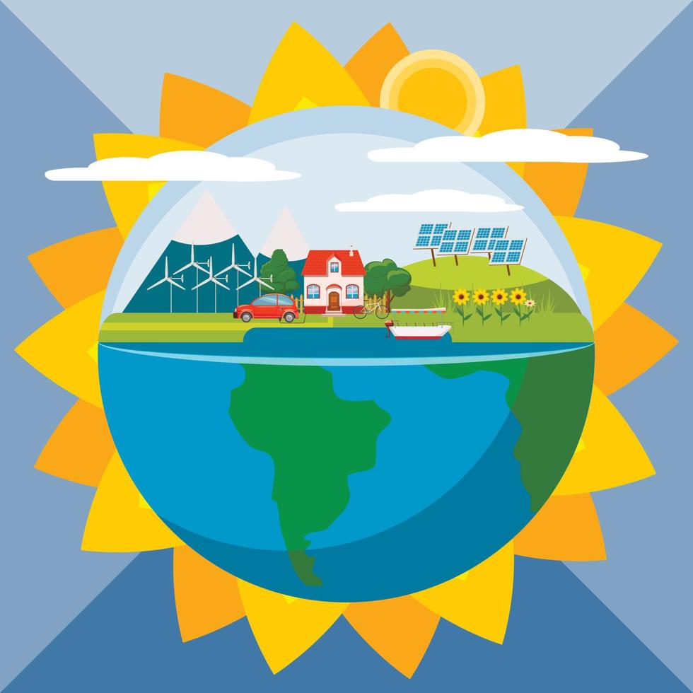 zonnebloem wereldwijd ecologieconcept, cartoonstijl vector
