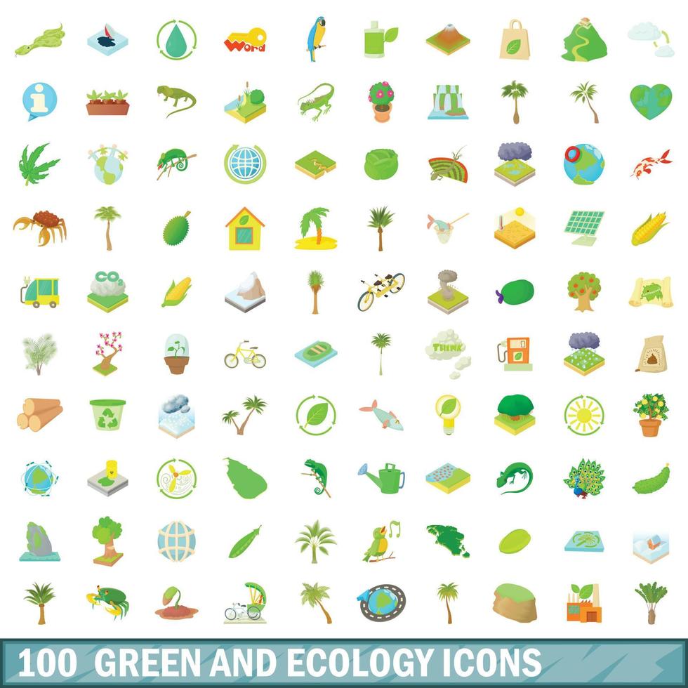 100 groen en ecologie iconen set, cartoon stijl vector