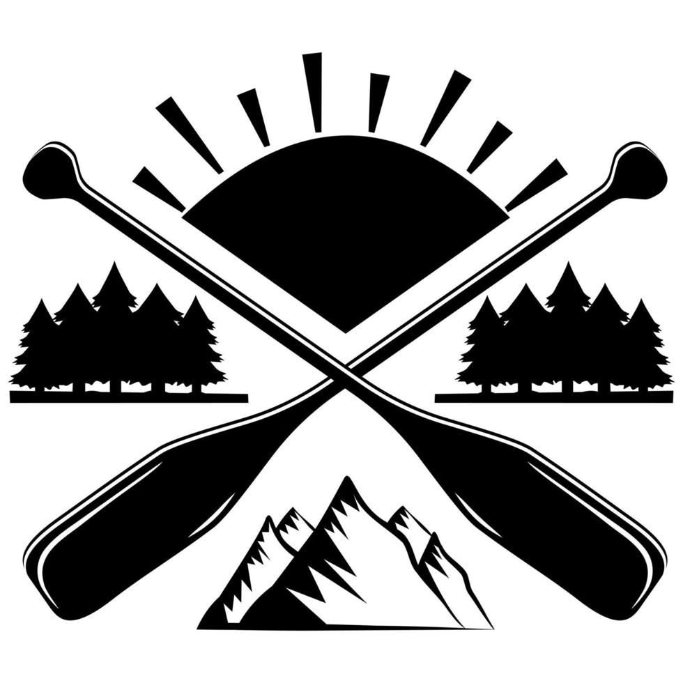 embleem, label logo op het thema van toerisme, recreatie en vissen buitenshuis, vector illustratie panorama