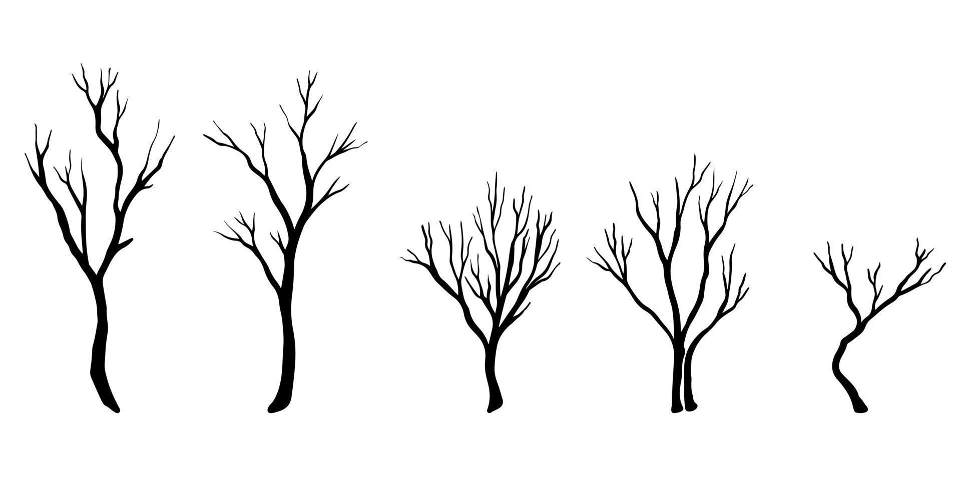 set hand getrokken vector doodle naakte bomen silhouetten schets illustraties. vectorillustratie.