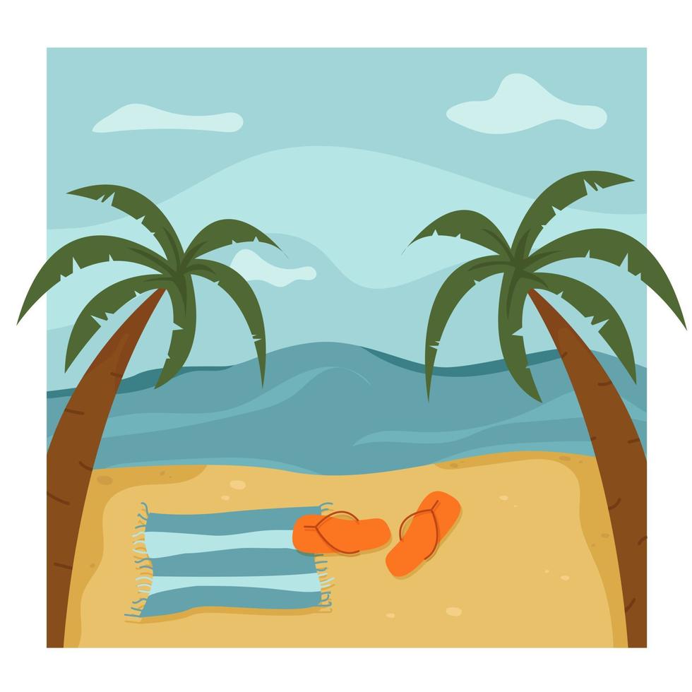 zomer tropisch strand met dekbed en sandalen vector