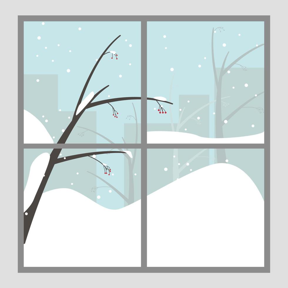 een groot raam met de besneeuwde winter, een viburnumboom met sneeuw op de takken en silhouetten van gebouwen op de achtergrond vector