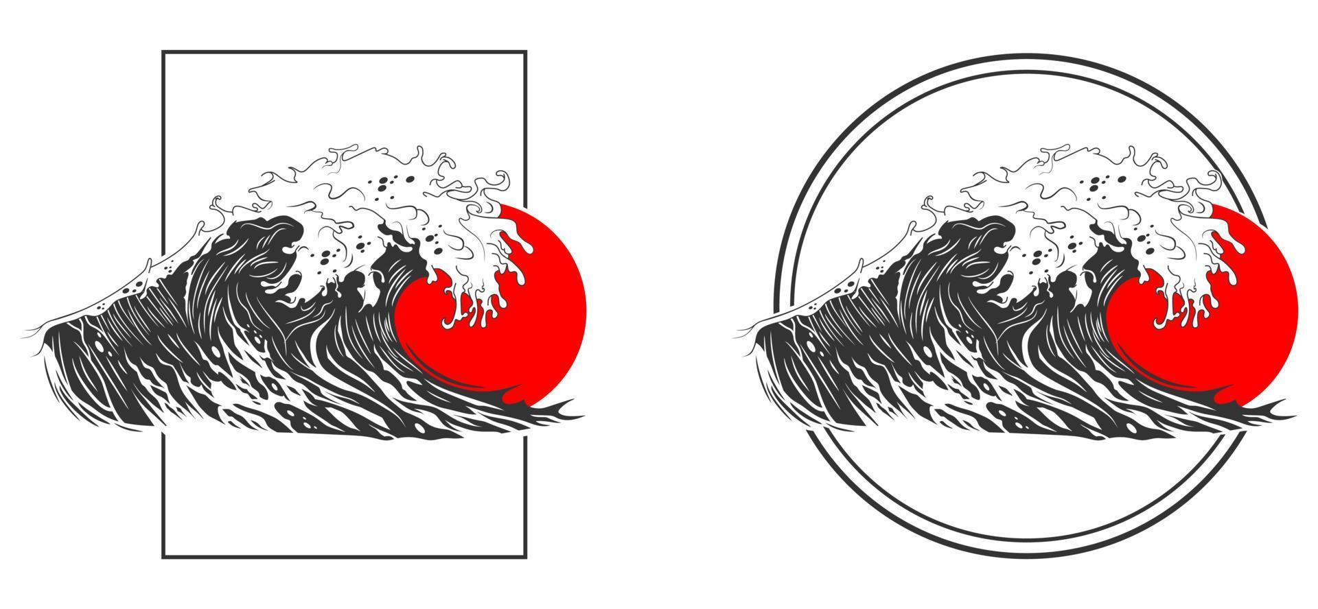 vector patroon Japanse stijl Golf abstracte sjabloon met omtrek frame. mariene objecten in oosterse stijl.