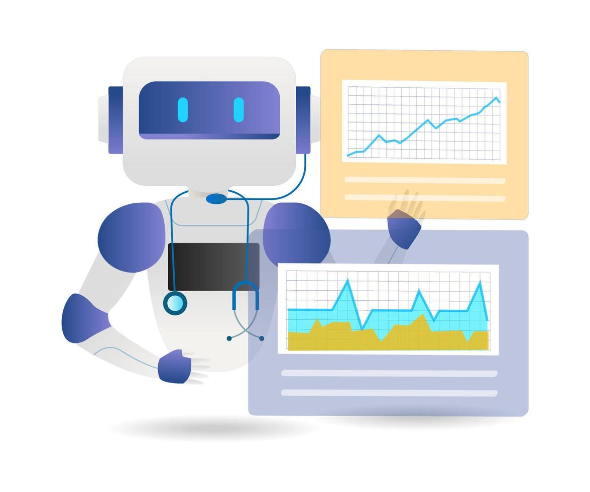 robot helpt artsen patiëntgegevens op monitor te analyseren vector