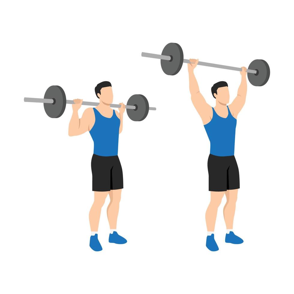 man doet staande achter de nek barbell schouderpers oefening. platte vectorillustratie geïsoleerd op een witte achtergrond vector