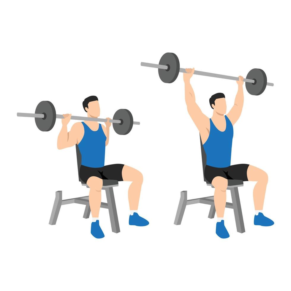 man doet zittende barbell schouderpers oefening. platte vectorillustratie geïsoleerd op een witte achtergrond vector