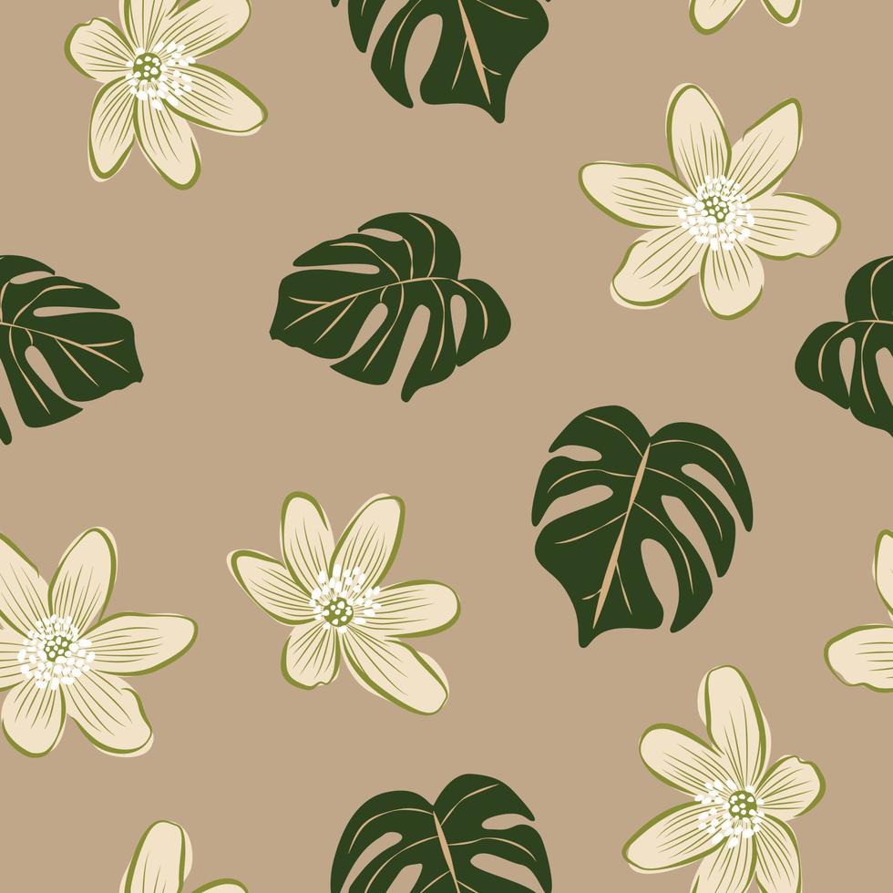 hibiscus bloemen en bladeren naadloze patroon achtergrond. tropische natuur inpakpapier of textielontwerp. mooie print met handgetekende exotische bloem. vector