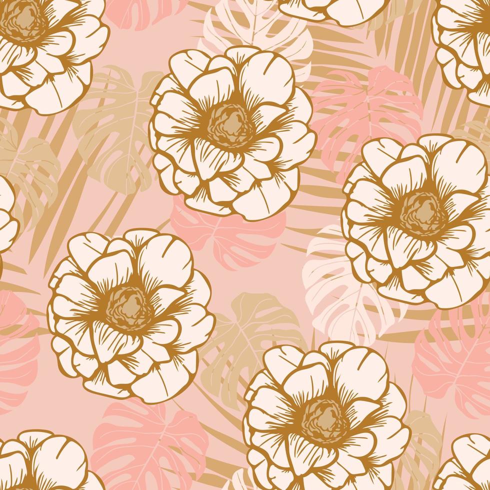 modern tropisch roze bloemen naadloos patroonontwerp. naadloze patroon met Lentebloemen en bladeren. hand getekende achtergrond. bloemmotief voor behang of stof. botanische tegel. vector