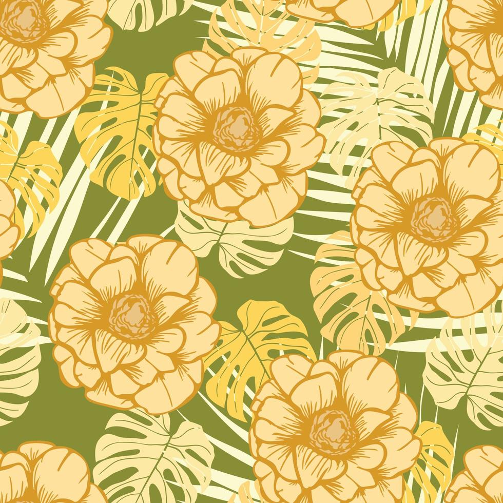 anemoon bloemen en bladeren naadloze patroon achtergrond. tropische natuur inpakpapier of textielontwerp. mooie print met handgetekende exotische planten. vector