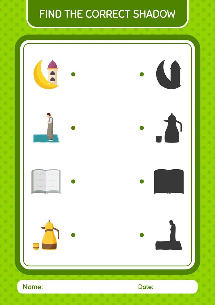 vind het juiste schaduwspel met het ramadan-pictogram. werkblad voor kleuters, activiteitenblad voor kinderen vector