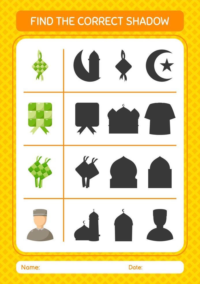 vind het juiste schaduwspel met het ramadan-pictogram. werkblad voor kleuters, activiteitenblad voor kinderen vector