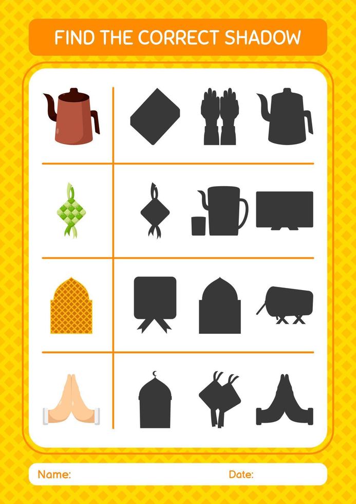 vind het juiste schaduwspel met het ramadan-pictogram. werkblad voor kleuters, activiteitenblad voor kinderen vector