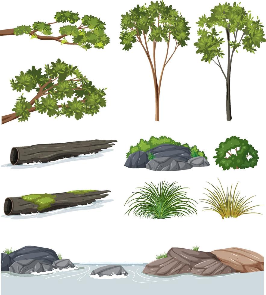 geïsoleerde bomen en natuurobjecten set vector