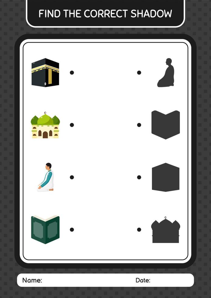 vind het juiste schaduwspel met het ramadan-pictogram. werkblad voor kleuters, activiteitenblad voor kinderen vector