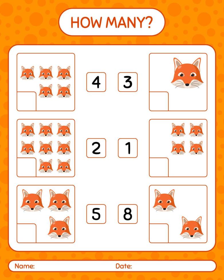 hoeveel tellen spel met rode vos. werkblad voor kleuters, activiteitenblad voor kinderen vector