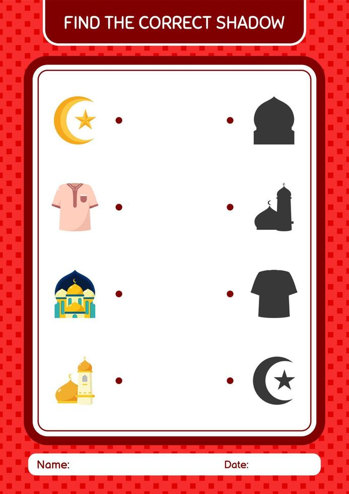 vind het juiste schaduwspel met het ramadan-pictogram. werkblad voor kleuters, activiteitenblad voor kinderen vector