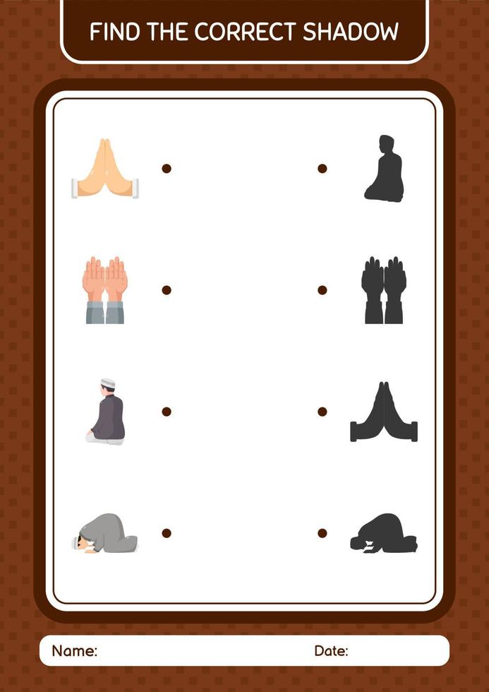 vind het juiste schaduwspel met het ramadan-pictogram. werkblad voor kleuters, activiteitenblad voor kinderen vector