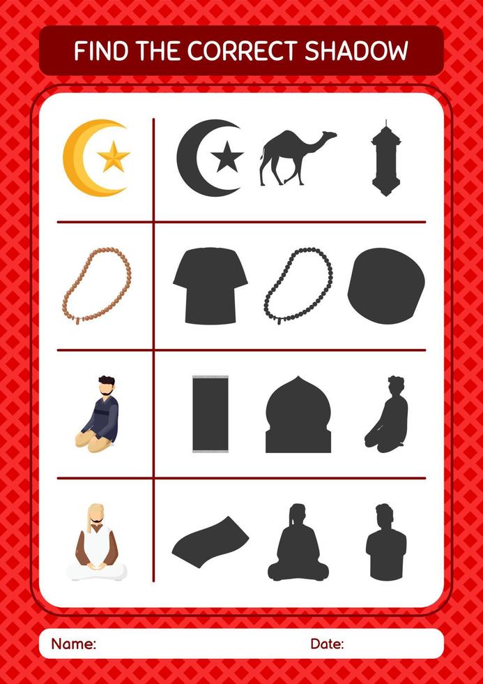 vind het juiste schaduwspel met het ramadan-pictogram. werkblad voor kleuters, activiteitenblad voor kinderen vector