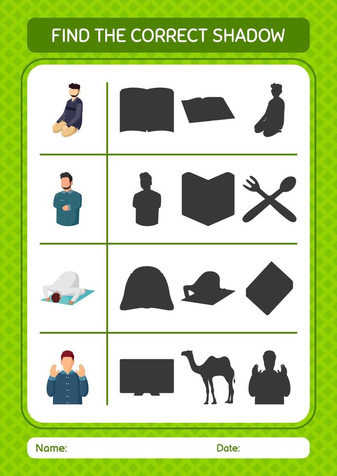 vind het juiste schaduwspel met het ramadan-pictogram. werkblad voor kleuters, activiteitenblad voor kinderen vector