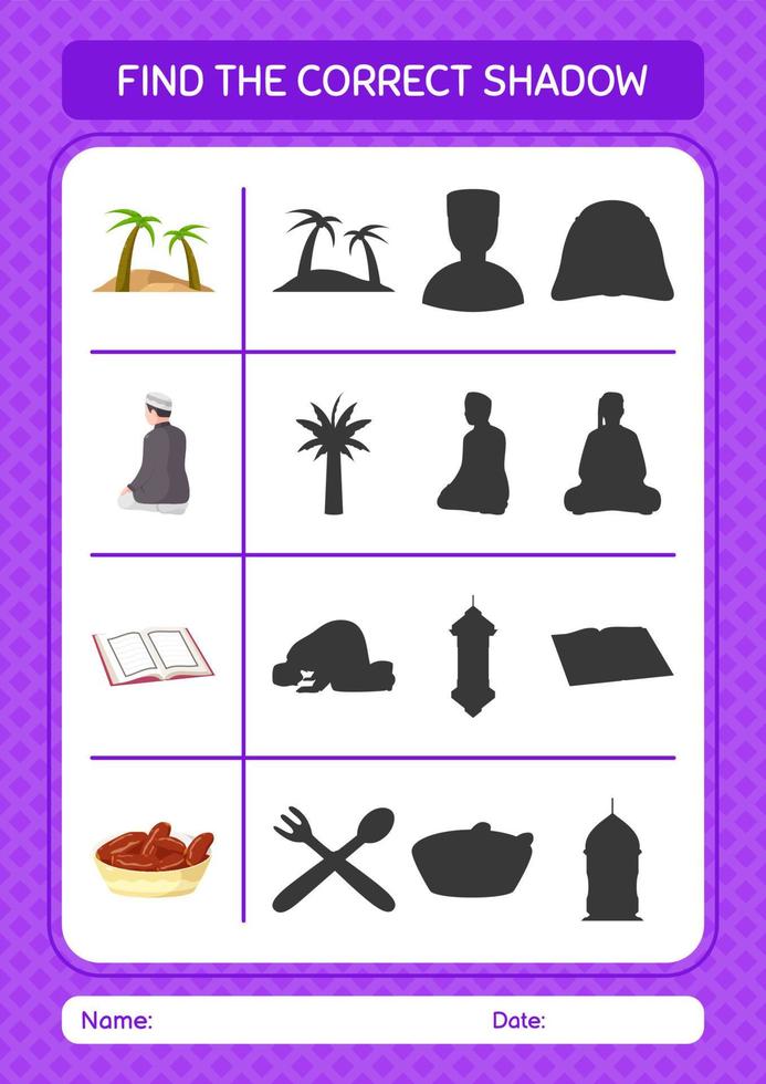 vind het juiste schaduwspel met het ramadan-pictogram. werkblad voor kleuters, activiteitenblad voor kinderen vector