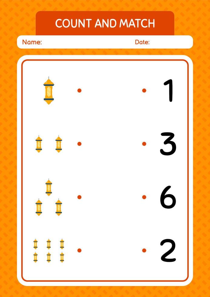 tel en match spel met arabische lantaarn. werkblad voor kleuters, activiteitenblad voor kinderen vector