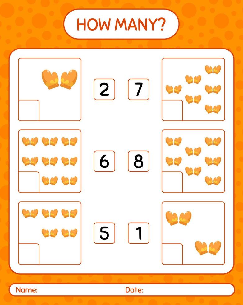 hoeveel tellen spel met handschoen. werkblad voor kleuters, activiteitenblad voor kinderen vector