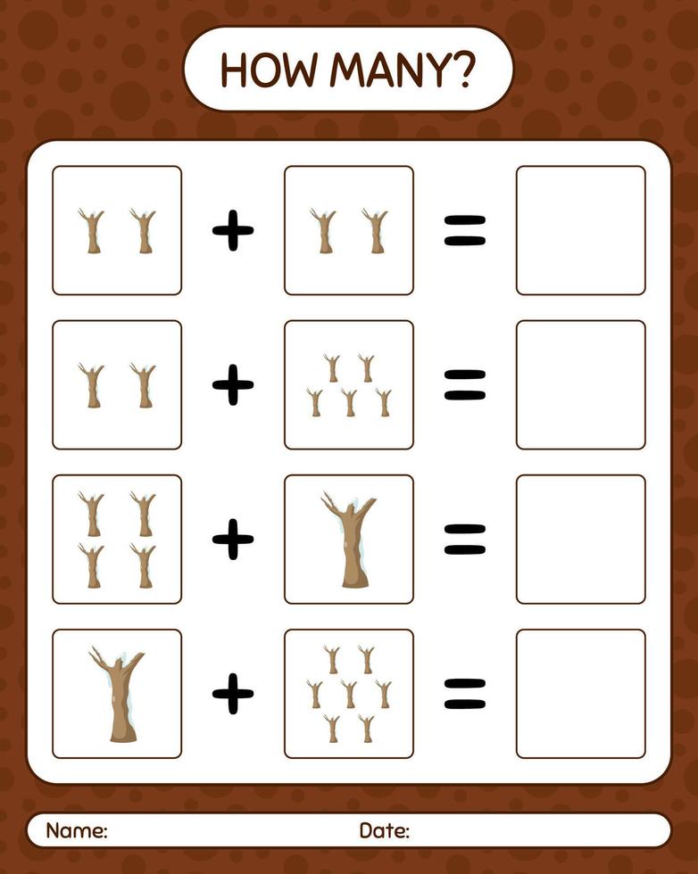 hoeveel tellen spel met dode boom. werkblad voor kleuters, activiteitenblad voor kinderen vector