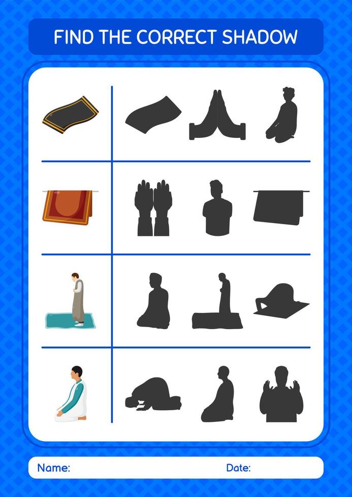 vind het juiste schaduwspel met het ramadan-pictogram. werkblad voor kleuters, activiteitenblad voor kinderen vector