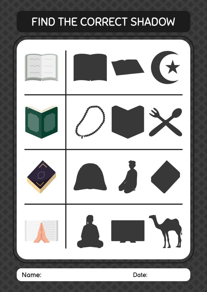 vind het juiste schaduwspel met het ramadan-pictogram. werkblad voor kleuters, activiteitenblad voor kinderen vector