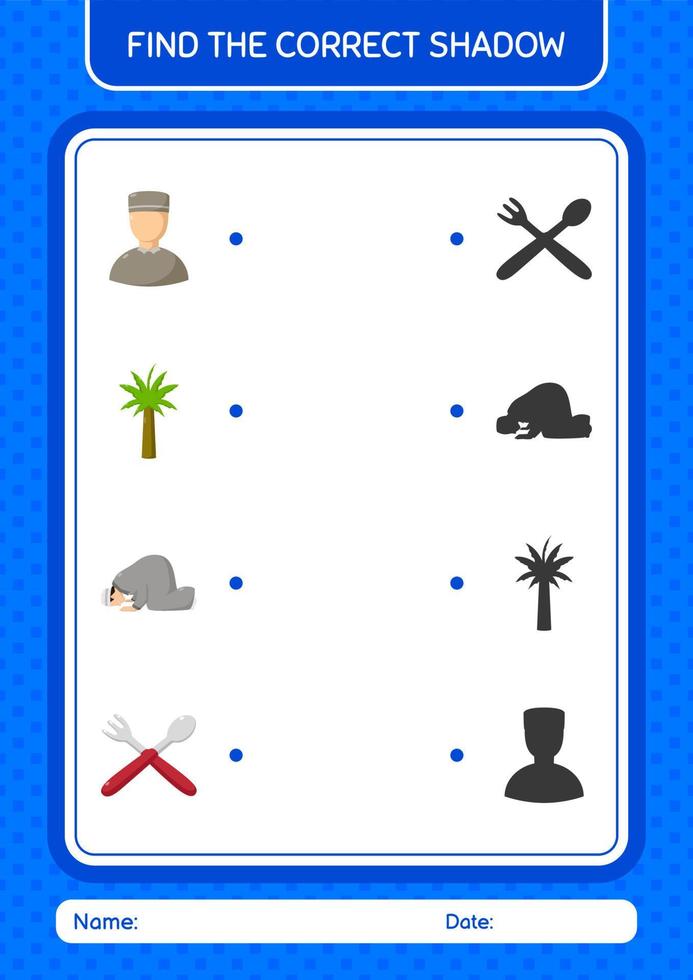 vind het juiste schaduwspel met het ramadan-pictogram. werkblad voor kleuters, activiteitenblad voor kinderen vector