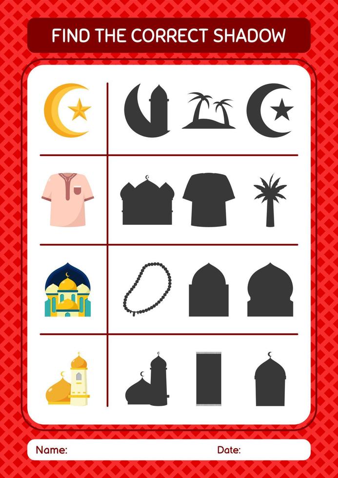 vind het juiste schaduwspel met het ramadan-pictogram. werkblad voor kleuters, activiteitenblad voor kinderen vector