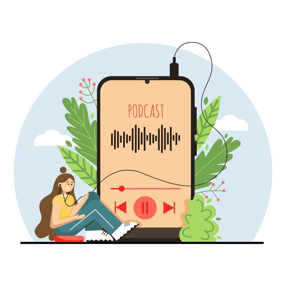 vrouw luistert naar podcast vector