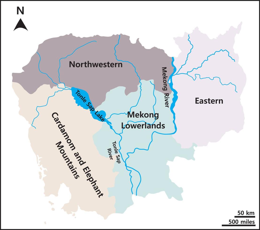 kaart van cambodja omvat vier regio's noordwestelijk kardemom en olifantengebergte, mekong laagland en oostelijk. mekong stroomgebied en tonlesapmeer. vector