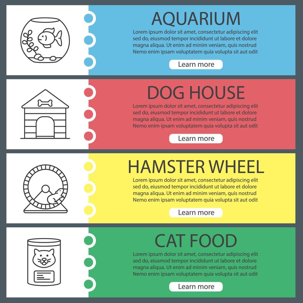 huisdieren levert webbannersjablonen set. aquarium, hondenhok, hamsterwiel, kattenvoer. website kleur menu-items met lineaire pictogrammen. ontwerpconcepten voor vectorkoppen vector