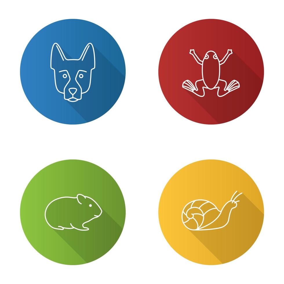 huisdieren vlakke lineaire lange schaduw iconen set. duitse herder, kikker, hamster, slak. vector overzicht illustratie