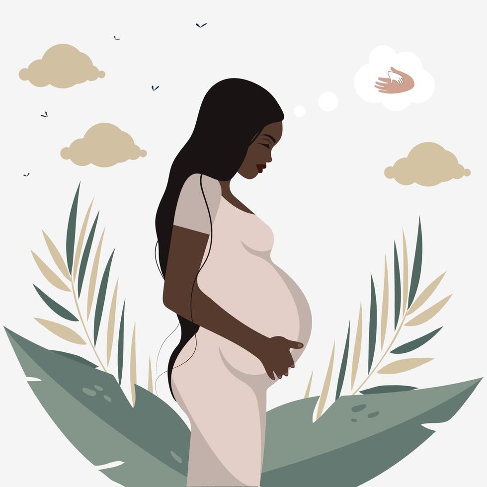 zwangere Afrikaanse zwarte vrouw rond de natuur en blad achtergrond. platte vectorillustratie in minimalistische stijl. vector