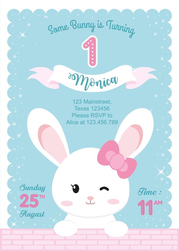 eerste verjaardagsuitnodiging met konijntje vector