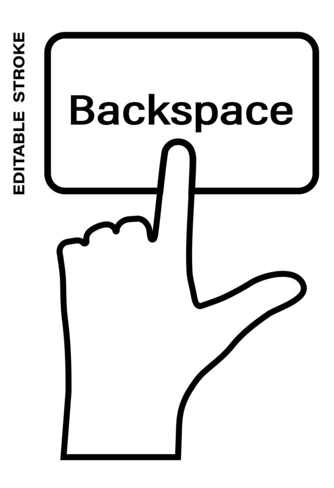 pictogram bewerkbare slag, menselijke hand drukt met de wijsvinger op de backspace van de toetsenbordknop. hulp krijgen, aanvullende informatie. geïsoleerde vector op witte achtergrond