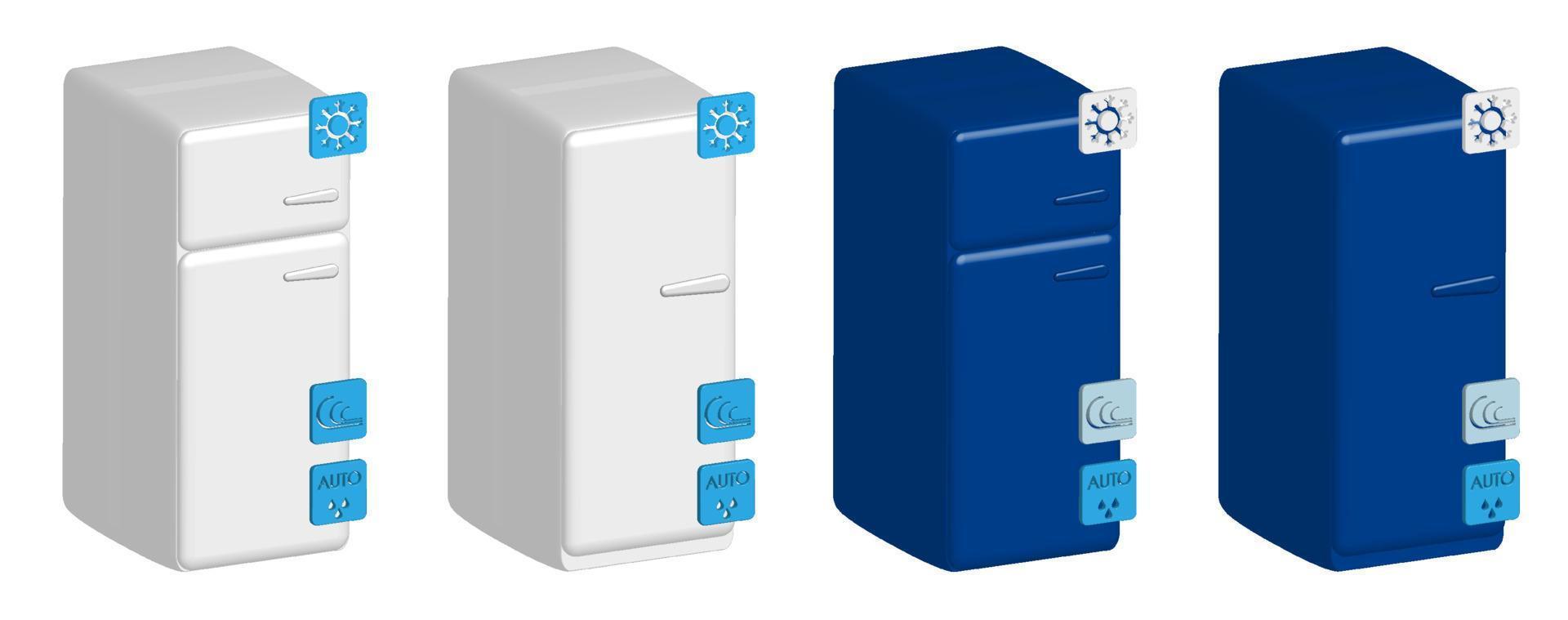 set kleur huishoudelijke koelkasten in realistische 3D-stijl, geïsoleerd op een transparante achtergrond, pictogrammen met aanduiding van functies vector