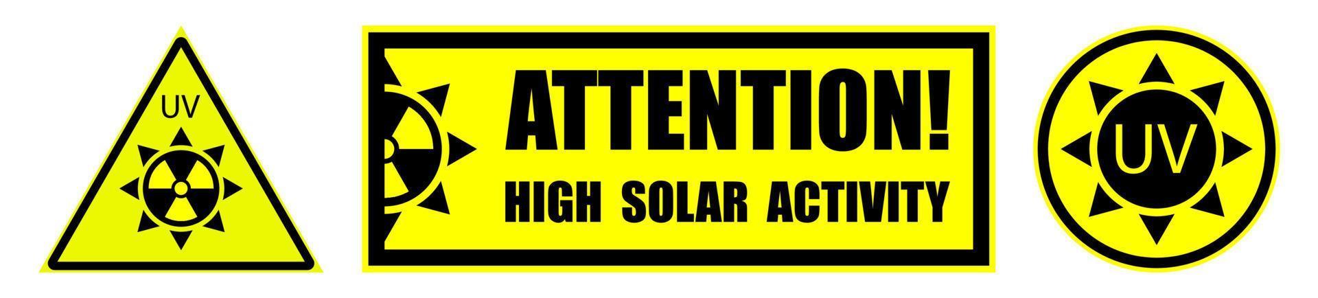 set gevaarstekens op een gele achtergrond, hoge zonneactiviteit. verhoogde ultraviolette straling. bescherming tegen zonnebrand. geïsoleerde vector op witte achtergrond