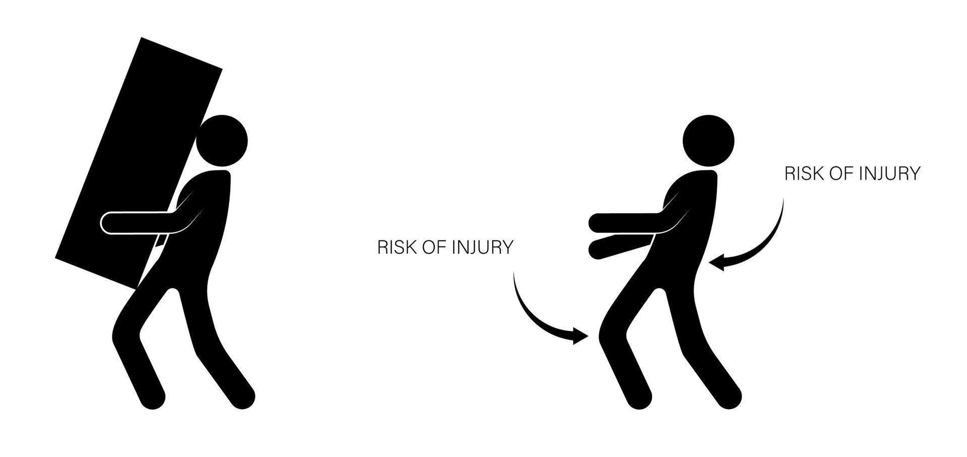 persoon, een lader verkeerd een zware last draagt, waardoor het risico op letsel toeneemt. geïsoleerde vector op witte achtergrond