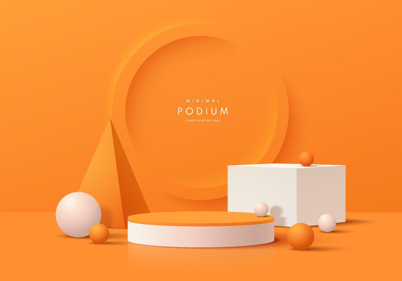 realistisch oranje, wit 3d cilinder voetstuk podium met geometrische vormen en reliëf cirkel ring scene achtergrond. abstracte minimale scène voor weergave van mockupproducten, podium voor showcase. vectoreps10. vector
