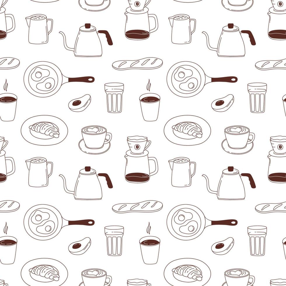 koffie naadloos patroon met cappuccino, kopjes, koffiepot, melk, croissant, eieren, brood en avocado. vector