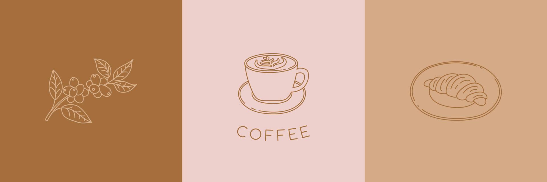 eenvoudige emblemensjabloonset - koffietak, cappuccino en croissant. vector