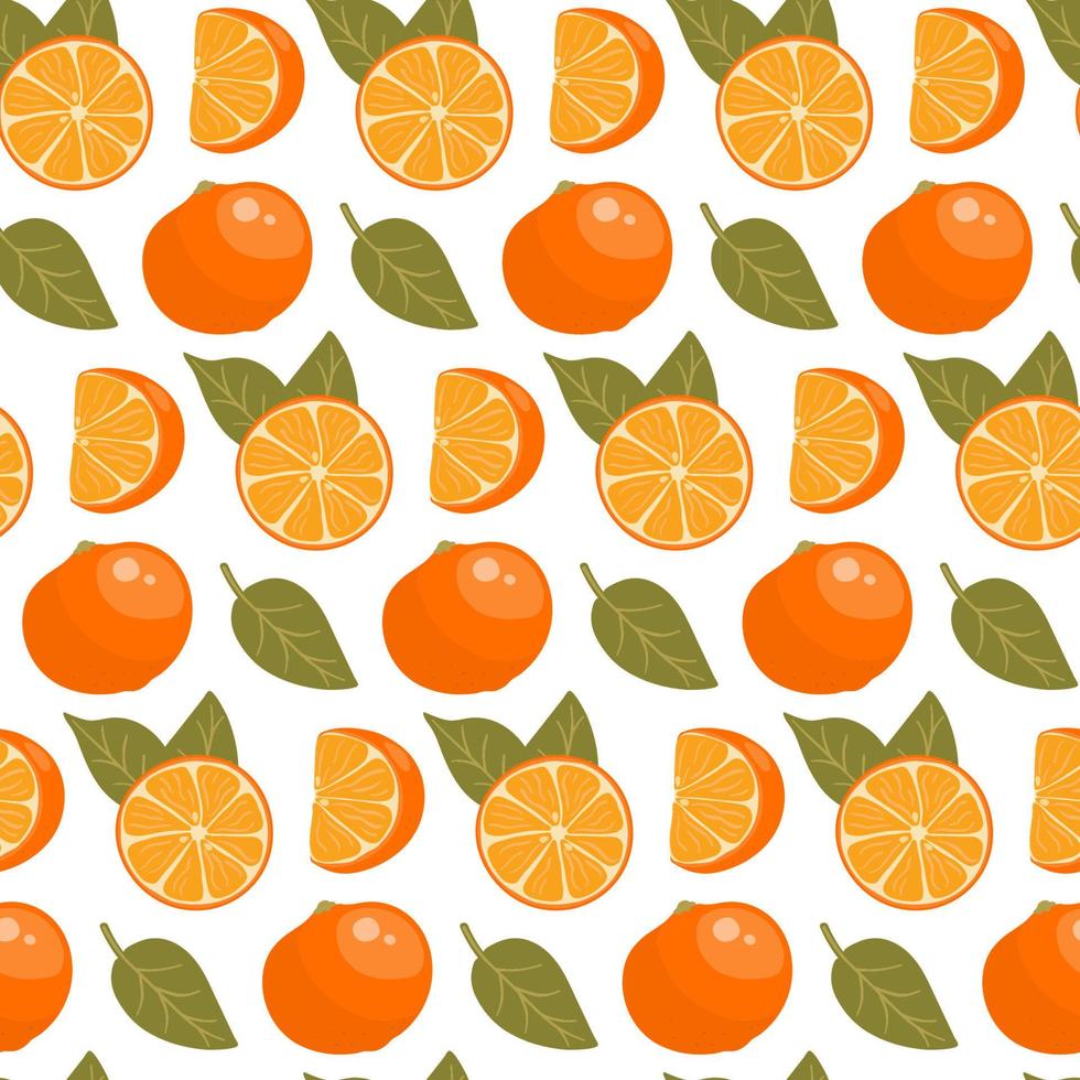 naadloos patroon met sinaasappelen, plakjes en bladeren. vector
