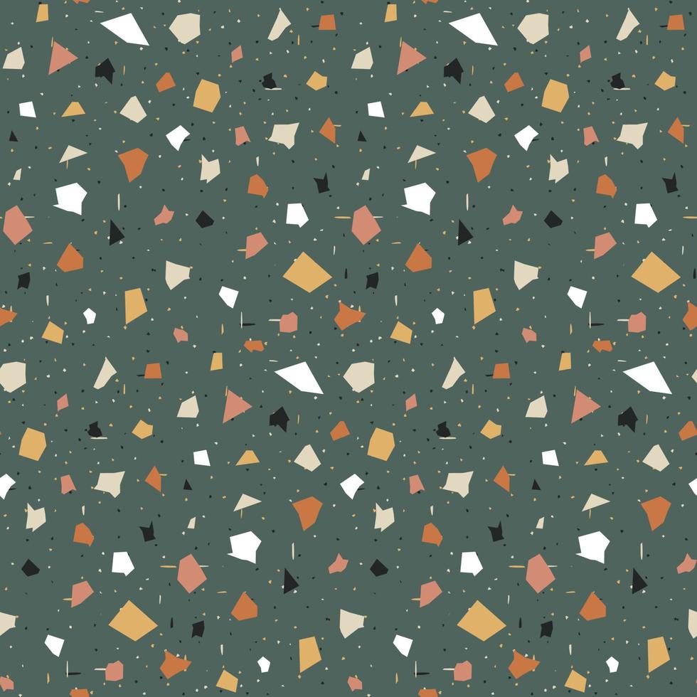 terrazzo naadloos patroon. print in klassieke Italiaanse vloerstijl. vector abstracte achtergrond met chaotische vlekken. groene, gele, oranje, zwarte en witte kleuren.